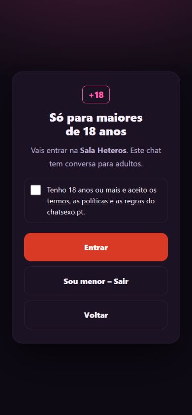 Página de confirmação de maioridade, com caixa por marcar e ligações para os termos, políticas e regras.