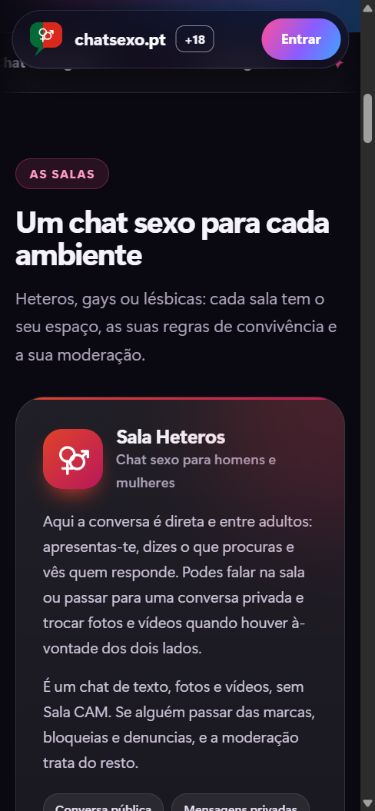 Apresentação da Sala Heteros na página das salas do ChatSexo.pt num telemóvel.
