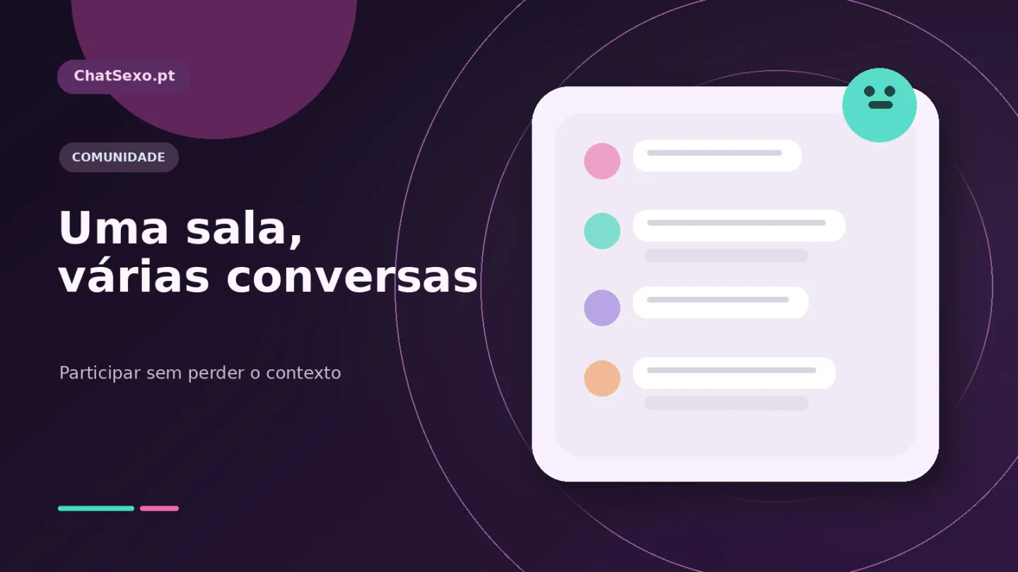 Ilustração editorial de uma sala com várias mensagens de chat e diferentes participantes representados por círculos.
